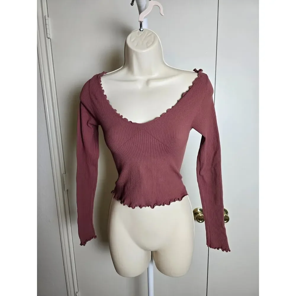 Free People FP Movement Nude Pink Lettuce Rib Knit Long Sleeve Crop Top Sz XS/S